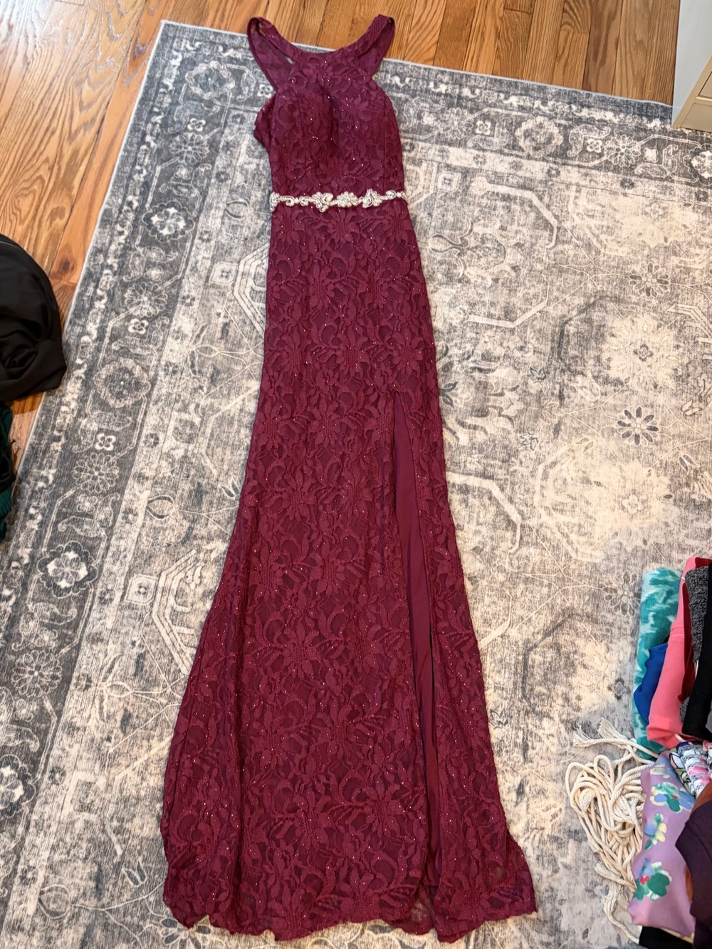 City Studio Burgundy Lace Prom Gown with Beaded Waist